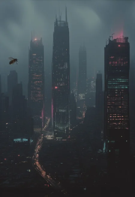 closeup of a single bee flying through a dystopian city, Blade Runner style, lith_mimosa_kiel_grw134_FLUX, From high above, the Blade Runner-inspired megacity sprawls beneath a thick layer of fog and rain, extending endlessly to the horizon. Towering skyscrapers with neon-lit façades pierce through the mist, their holographic billboards flickering in shades of pink, green, and electric blue. Streams of light weave through the streets like rivers of color, guiding automated vehicles along rain-slick roads far below. Massive, angular buildings rise and fall in chaotic clusters, each layer of the city adding to its dense, labyrinthine complexity. The air is heavy with pollution, creating a hazy glow that blurs the distant edges of the metropolis, where the city’s reach seems to dissolve into an endless sea of lights. As the neon glow blends with the rain-smeared atmosphere, it paints the entire landscape in a surreal, moody palette—a vision of a vast, technologically vibrant yet eerily lifeless world.