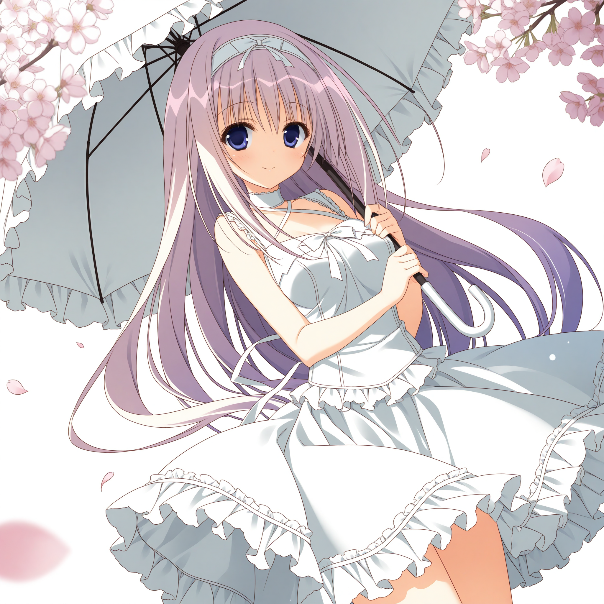 <lora:Hikawa_Rina_Uta_1_nai-000038:1>,Hikawa Rina,
very long hair,white hairband,white dress,white bow,frilled dress,sleeveless dress,white frills,
BREAK
1girl,solo,standing,holding umbrella,white umbrella,frilled umbrella,smile,looking at viewer,cherry blossoms,falling petals,simple background,dutch angle,depth of field,lens_flare,white background,