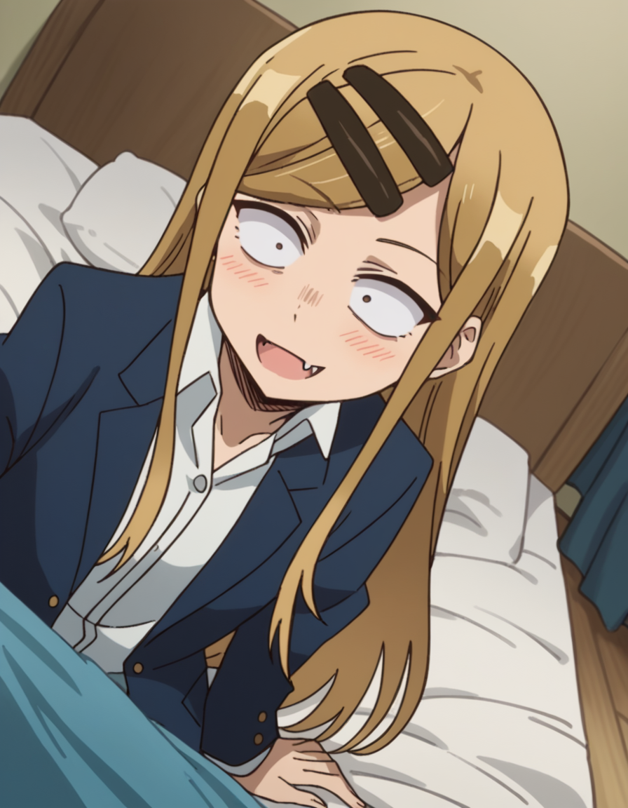 score_9, score_8_up, score_7_up, source_anime, <lora:saya-endou-s2-ponyxl-lora-nochekaiser:1>, saya endou, long hair, blonde hair, hair ornament, brown eyes, hairclip, fang, wide-eyed, constricted pupils, sanpaku,, skirt, shirt, hair ornament, school uniform, jacket, pleated skirt, socks, blazer,, indoors, bed, bed room, on side, blush, drunk,, smile, looking at viewer, hand palm facing up, solo,, cowboy shot, dutch angle
