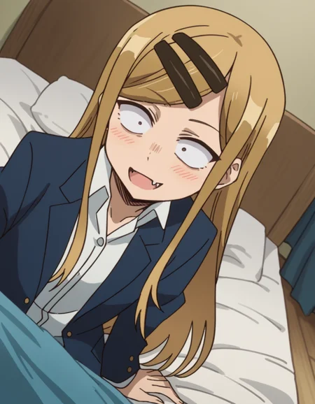 score_9, score_8_up, score_7_up, source_anime, <lora:saya-endou-s2-ponyxl-lora-nochekaiser:1>, saya endou, long hair, blonde hair, hair ornament, brown eyes, hairclip, fang, wide-eyed, constricted pupils, sanpaku,, skirt, shirt, hair ornament, school uniform, jacket, pleated skirt, socks, blazer,, indoors, bed, bed room, on side, blush, drunk,, smile, looking at viewer, hand palm facing up, solo,, cowboy shot, dutch angle