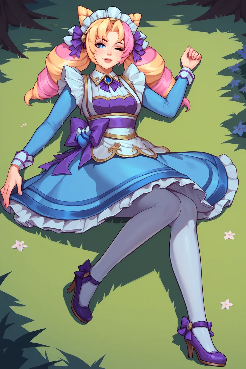 score_9, score_8_up, score_7_up, score_6_up, BREAK, GwenCafeCXL, blue eyes, one eye star-shaped pupil, blonde hair, pink hair, multicolored hair, twin drills, double buns, parted bangs, maid headdress, purple bow, medium breasts, maid, purple bowtie, blue dress, long sleeves, blue skirt, white pantyhose, purple footwear, high heels, solo, full body, lying on grass, seductive smile, looking at viewer, forest, tree <lora:GwenCafeCXL:0.9>