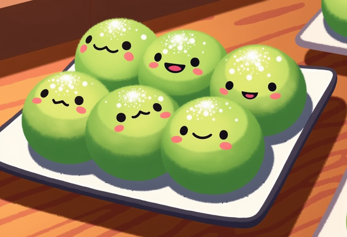pikaole of a plate of happy green mochi balls with cute simple faces, they are giggling and smiling, some are blushing, they have powdered white sugar sprinkled on them, they are on a square porcelain plate on a wooden table in a japanese restaurant