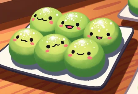 pikaole of a plate of happy green mochi balls with cute simple faces, they are giggling and smiling, some are blushing, they have powdered white sugar sprinkled on them, they are on a square porcelain plate on a wooden table in a japanese restaurant
