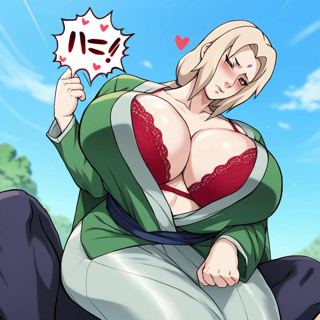 score_9, score_8_up, score_7_up, source_anime, expressive, anime, N4RUH05TYL3, speedlines, dynamic, hearts, 1girl, source_naruto, tsunade, blond hair, green robe, red bra, white shirt, leggings, milf, blushing, blush, embarrassed, large breasts, outdoors, blue sky