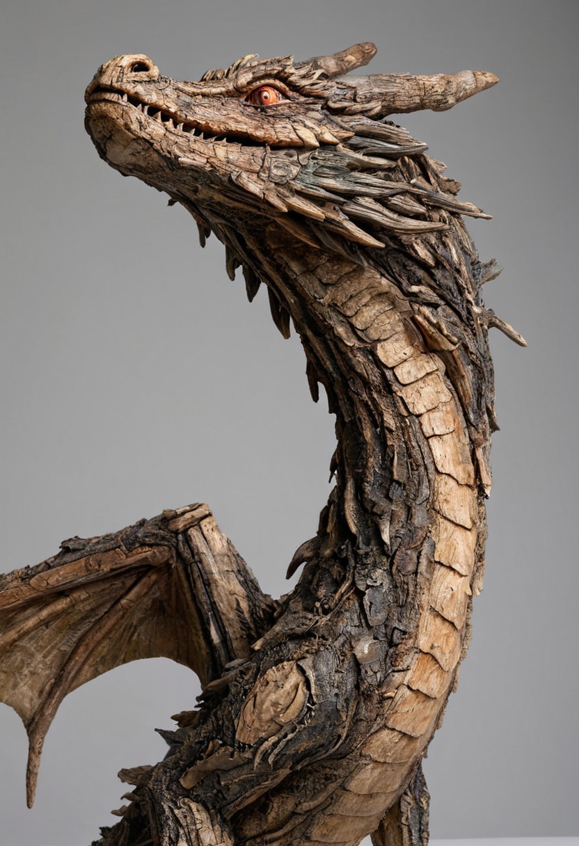 photograph of a dragon made of oldwood, white studio background, hyper realistic, studio lighting, hyper detailed, natural color, perfect composition