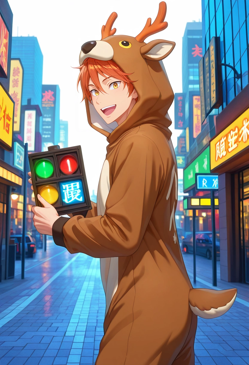 masterpiece, best quality, , (3d:0.4), , 1boy, solo, male focus, <lora:momotarou_mikoshiba_ilxl:0.98>, momotarou_mikoshiba, orange hair, yellow eyes, from side, hong kong \(city\), traffic signals, street lights, neon signs, day, sunny, holding object, :D, deer costume