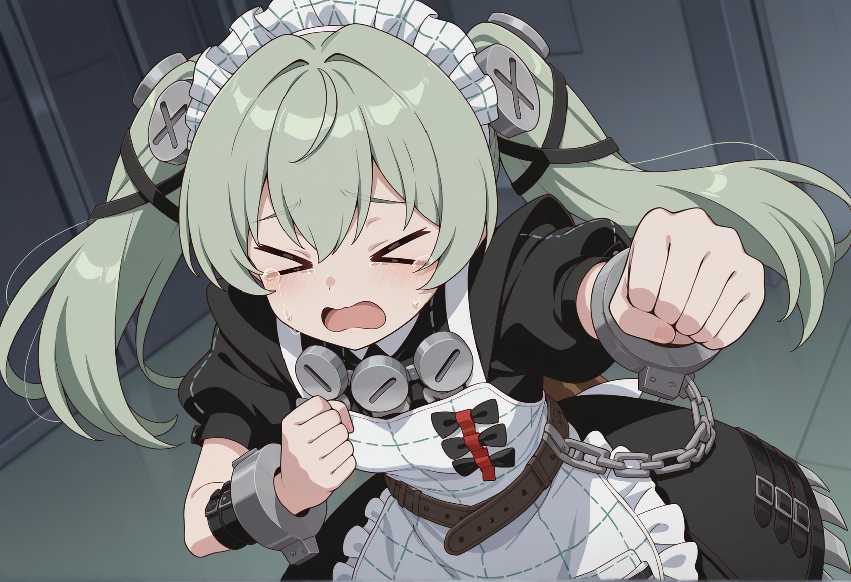 incoming punch, punching, anime screencap, anime coloring, anime screenshot, 1girl, solo, long hair, green hair, twintails, screw hair ornament, maid, maid headdress, maid unifrom, screw, apron, wristbands, shackles, short sleeves, puffy sleeves, belt, chain, XD, worried, tears, incoming punch <lora:corin_illus:1>, masterpiece, best quality, amazing quality, very aesthetic, absurdres, highres, newest