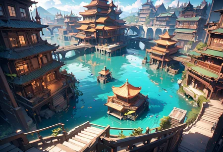 Best quality, masterpiece, 8k, high detalized, 
an ancient half-ruined city is gradually flooded by the waters of a warm shallow sea, transparent turquoise water, small waves with snow-white crests, schools of tiny multi-colored fish swim between the flooded stone buildings. The sun's rays penetrate the water and refract into rainbow sparkles. 
meticulous, intricate, entangled, intricately detailed