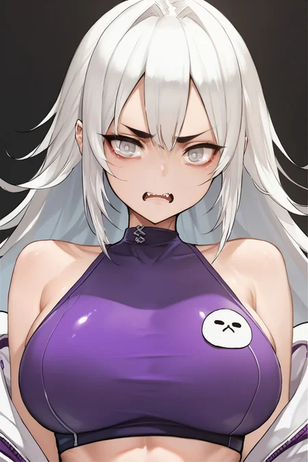 score_9, score_8_up, score_7_up, 1girl, petite female, , :D upper teeth disgusted eyes, white hair, baby bangs, okappa, light grey eyes, large breasts, purple stringer, bright <lora:dishwasher1910_PonyXL_style_v03.09:1>