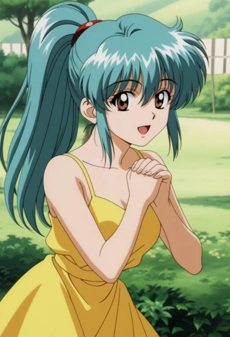 1girl,solo,MZ1TakanakaYui,aqua hair,ponytail,bangs,brown eyes,retro artstyle,1980s (style),anime screencap,masterpiece, best quality, very aesthetic, absurdres, hair between eyes,
standing, yellow dress,frill,no sleeve, own hands clasped, thighs, light smile, open mouth,