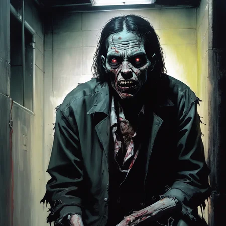 VtmArt, dark closeup portrait painting of an ugly zombie man in tattered clothes, in the sewers, <lora:VtmArt:1>, (masterpiece:1.3), at night