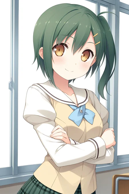 masterpiece, best quality, absurdres, official art, official style, rating general BREAK <lora:enomotokaho_IL_v1-1:0.7>, enomoto kaho, 1girl, solo, yellow eyes, brown eyes, green hair, short hair, hairclip, hair between eyes, side ponytail, small breasts, smile, school uniform, serafuku, white sailor collar, blue bowtie, collarbone, white shirt, yellow sweater vest, juliet sleeves, buttons, green skirt, miniskirt, pleated skirt, plaid skirt, blush, standing, crossed arms, looking at viewer, closed mouth, from below, close-up, classroom, dynamic pose, upper body