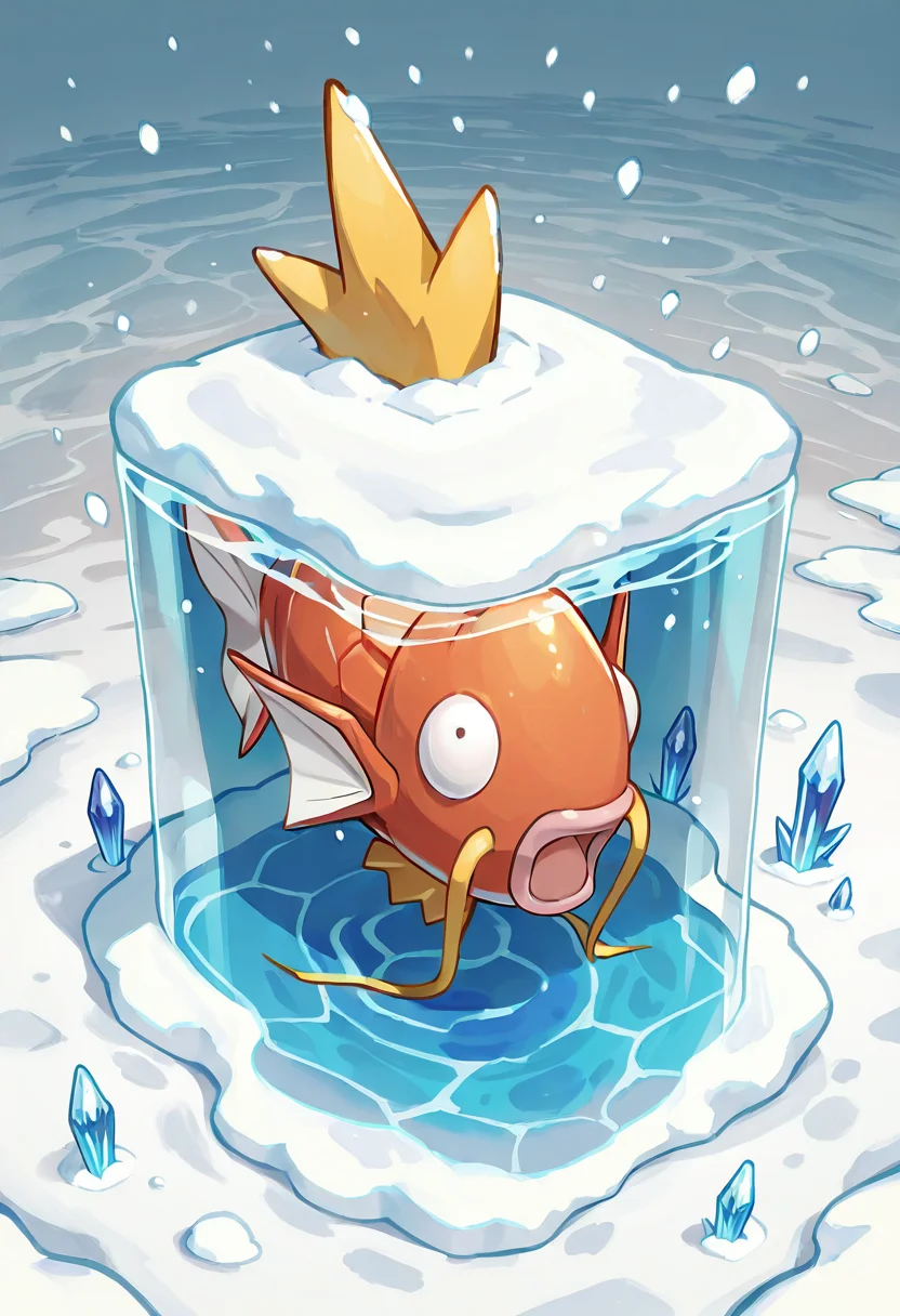 masterpiece, best quality, no humans,   ,<lora:MagikarpPokedex_IXL:1.0>,  zzMagikarp, trapped under a layer of ice, translucent frozen lake, snow falling gently, cold winter atmosphere, crystal-clear water, frosty textures, fish beneath the surface, quiet and melancholic mood
