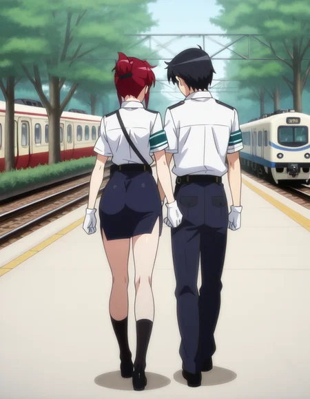 <lora:sakurai-aoi-illustrious-000003:1> sakuraiaoi, 1girl, skirt, gloves, 1boy, naotaka, hetero, tree, ground vehicle, train, dress shirt, masterpiece, best quality