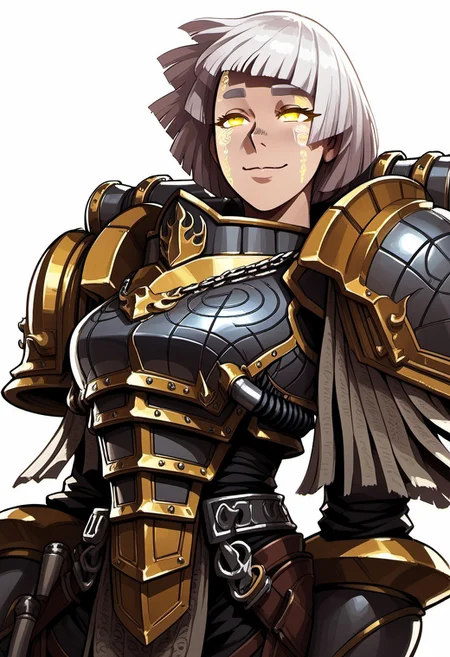 Score_9, score_8_up, score_7_up, score_6_up, score_5_up, score_4_up, FMIXF,, 1girl, solo, LorgaraXL, white hair, bob cut, yellow eyes, glowing eyes, breasts, Facial markings, armour, pauldrons, gauntlets, smile, closed mouth, lidded eyes, simple background, white background, standing