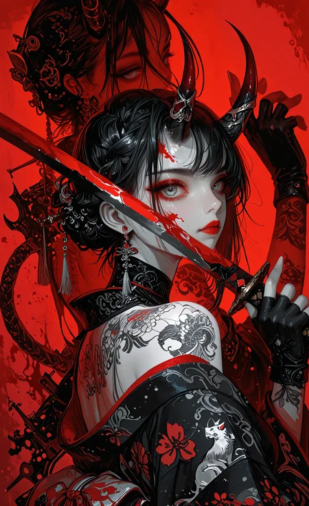 1girl, solo, looking at viewer, short hair, black hair, gloves, holding, closed mouth, jewelry, bare shoulders, upper body, braid, weapon, earrings, horns, japanese clothes, black gloves, looking back, sword, fingerless gloves, kimono, holding weapon, off shoulder, grey eyes, tattoo, makeup, blood, holding sword, katana, animal print, lipstick, red background, blood on face, oni, red lips, arm tattoo, print kimono, black kimono, horn ornament, shoulder tattoo