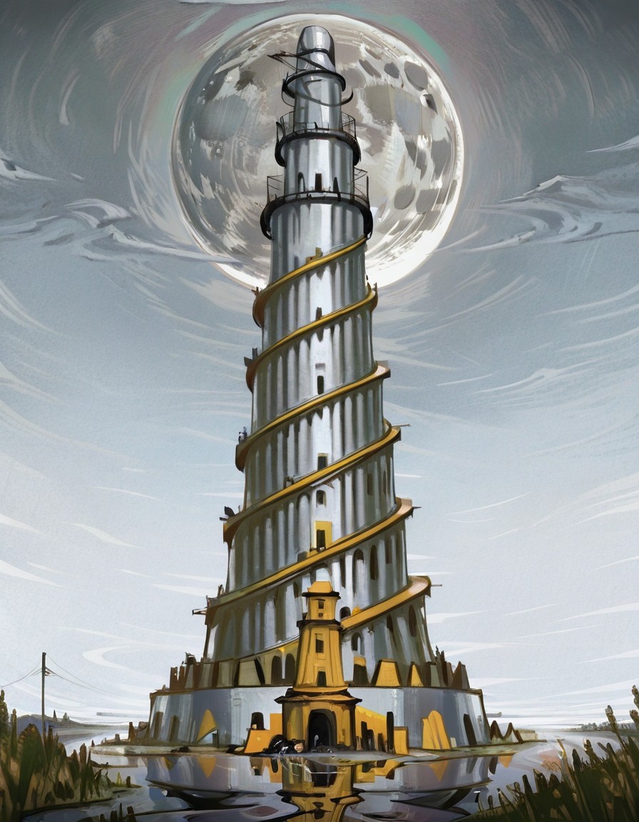 <lora:Tower_of_Babel:1> tower of babel,from below,moon,(style of disco elysium:1.3),grey reflective surface,   masterpiece,best quality,amazing quality <lora:DiscoElysium Illustrious 0.1:1>