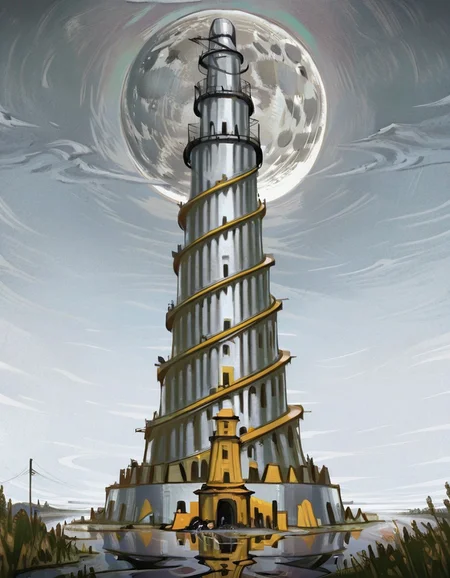 <lora:Tower_of_Babel:1> tower of babel,from below,moon,(style of disco elysium:1.3),grey reflective surface, masterpiece,best quality,amazing quality <lora:DiscoElysium Illustrious 0.1:1>