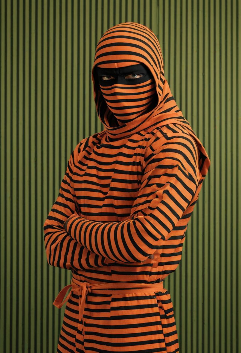 bw-grignani, emphasis lines, Capture the essence of illusion: A orange ninja clad in striped shinobi attire, poised before a red/green striped wall. Explore how the ninja seamlessly blends into the pattern of thick, perfectly aligned stripes, merging with the illusion of infinite lines.
