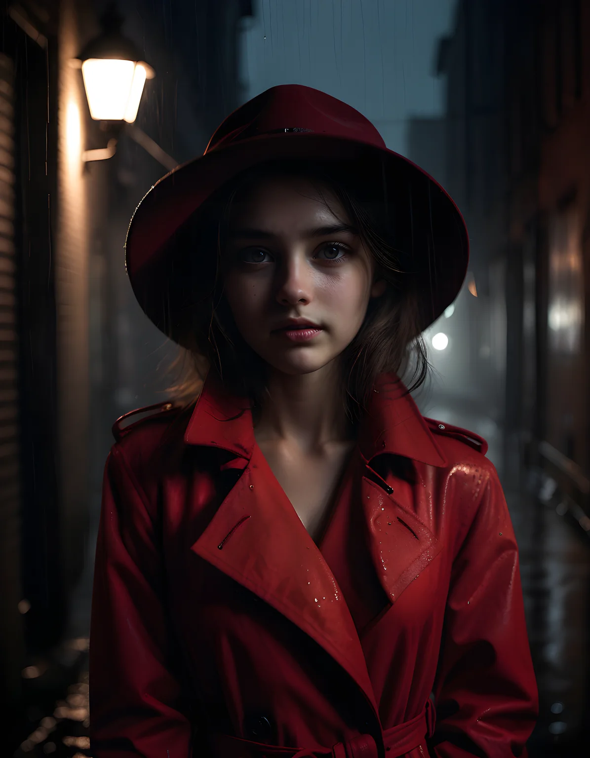 1girl, solo, looking_at_viewer, In a gritty, urban noir setting, a lone woman, clad in a vibrant red trench coat with a fur collar and a wide-brimmed hat dipped low over her face, stands against the backdrop of a dimly lit, rain-soaked alleyway. The camera angles from below, capturing her from a slightly off-center viewpoint that emphasizes her strong jawline and piercing black eyes. Her lips are pursed in a smoky, enigmatic smile, revealing a hint of her perfectly white teeth amidst the shadows. A solitary streetlight casts an eerie glow on her face, illuminating her brown eyes with an intensity that seems to pierce through the gloom, as if challenging the viewer to question her motives or intentions. The focus is soft and slightly blurry, emphasizing her mysterious allure amidst the grime and darkness of the city night.