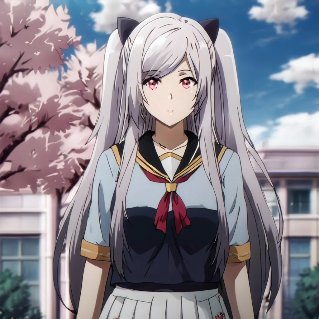 Black hair ribbon, gray hair, long hair, twintails, red eyes, large breasts, two side up, single hair bun, ponytail, wearing a classic Japanese school uniform with a pleated skirt and sailor top, standing in a school courtyard, cherry blossoms falling, sunny day, cheerful and serene atmosphere