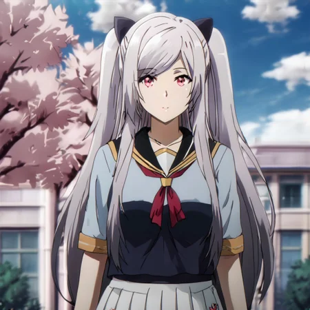 Black hair ribbon, gray hair, long hair, twintails, red eyes, large breasts, two side up, single hair bun, ponytail, wearing a classic Japanese school uniform with a pleated skirt and sailor top, standing in a school courtyard, cherry blossoms falling, sunny day, cheerful and serene atmosphere