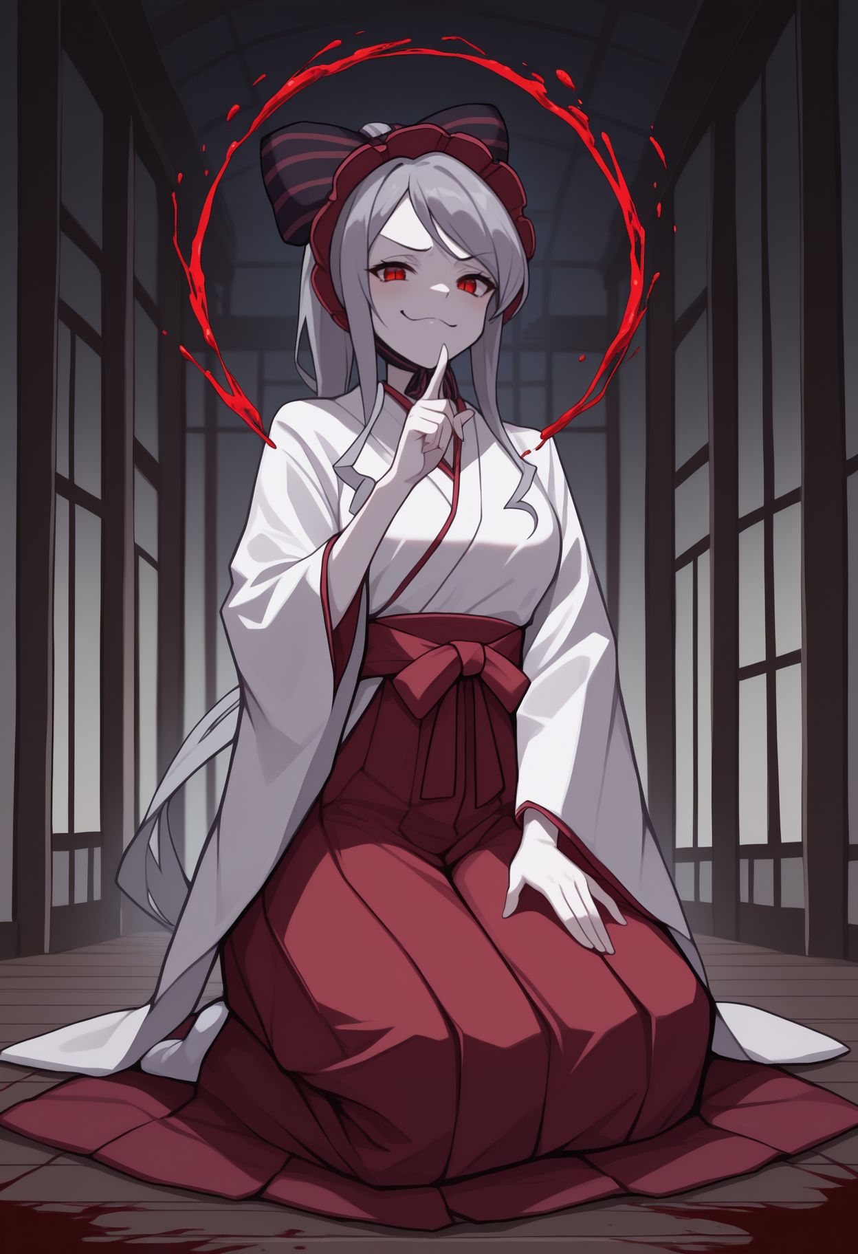 anime, masterpiece, best quality, newest, full body, solo, 1girl, sh4llt3ar, pale skin, smug, looking at viewer, seiza, hand on own thigh, hand up, index finger raised, casting spell, blood, grey hair, ponytail, hair bow, black bow, striped bow, bonnet, red eyes, slit pupils, japanese clothes, white kimono, wide sleeves, red hakama, hakama skirt, white socks, indoors, east asian architecture
<segment:yolo-face_yolov8m.pt,0.4,0.5//cid=1>