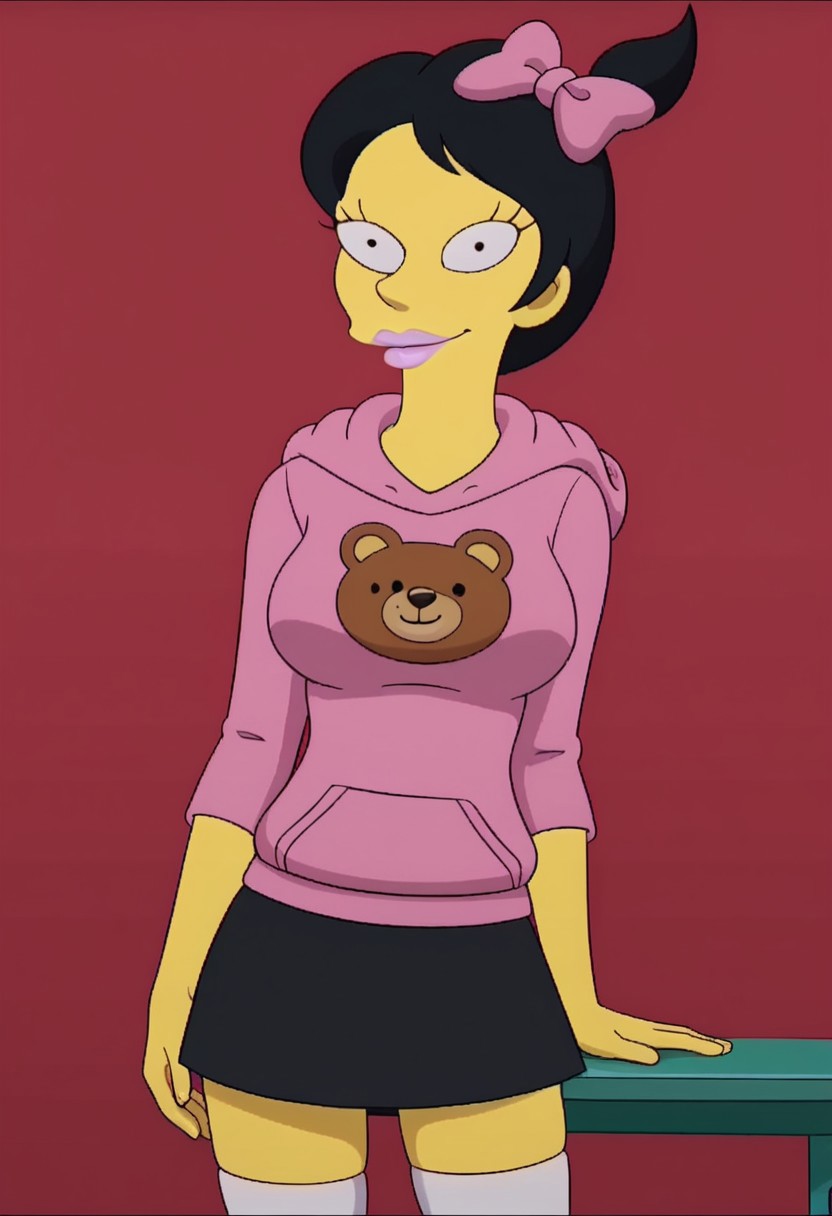 ((bedroom background)),score_9, score_8_up, score_7_up,score_6_up, 
1girl, Solo, Kumiko_TS, light yellow skin, black eyes, black hair, short hair, high bun ponytail, pink hairbow, light pink lips, pink hoodie with a cute bear logo, black miniskirt, white knee socks, black mary jane shoes, tall stature, social smile, sexy face, close-up, face photo, perfect eyes, perfect smile, looking at the viewer, big breasts, detailed eyes, perfect eyes, very close-up, cute, sexy pose