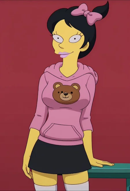 ((bedroom background)),score_9, score_8_up, score_7_up,score_6_up,
1girl, Solo, Kumiko_TS, light yellow skin, black eyes, black hair, short hair, high bun ponytail, pink hairbow, light pink lips, pink hoodie with a cute bear logo, black miniskirt, white knee socks, black mary jane shoes, tall stature, social smile, sexy face, close-up, face photo, perfect eyes, perfect smile, looking at the viewer, big breasts, detailed eyes, perfect eyes, very close-up, cute, sexy pose
