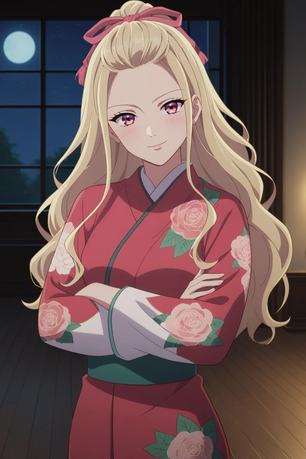 score_9, score_8_up, score_7_up, source_anime, 1girl, prefect lighting, very aesthetic, intricate details, highly detailed background, masterpiece, high quality, prefect hands, best quality, solo,
<lora:Kaya_Saimori_My_happy_marriage_V1:.85>, blonde hair, pink eyes, bangs pinned back, long hair, pink hair ribbon,
white kimono, floral print, red kimono, back bow,
crossed arms, raised eyebrows, standing, arrogant, bratty, smirk, blush, head tilt, looking at viewer,
night, nighttime, east asian architecture, dark room, bedroom, traditional bedroom, window, wooden floor, dimly lit,
(Beautiful, medium Breasts:1.2), natural breasts,