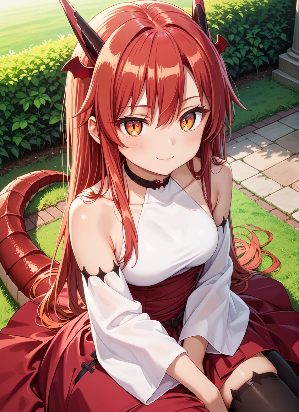 score_9,score_8_up,score_7_up,source_anime BREAK prefect lighting,very aesthetic,prefect hands,best quality BREAK
intricate details,highly detailed background,(masterpiece:0.9),high quality,lustrous_skin,skindentation,
ultra delicate hair,
<lora:cfg_scale_boost:0.6>,
face_detail,
skin_detail,
<lora:tania_izo:0.8>,taniav2,red hair,long hair,horns,dragon horns,orange eyes,hair between eyes,dragon girl,head wings,dragon tail,
bare shoulders,long sleeves,detached sleeves,white sleeves,collarbone,white shirt,red skirt,dress,wide sleeves,choker,black thighhighs,
masterpiece,best quality,score_9,score_8_up,score_7_up,ultra-detailed,Best-A,Medium-B,Low-C,Bad-D,
cute,light_blush,in a meadow,park,grove,smile,dynamic_angle,from_above,1girl,solo,sitting,looking at viewer,