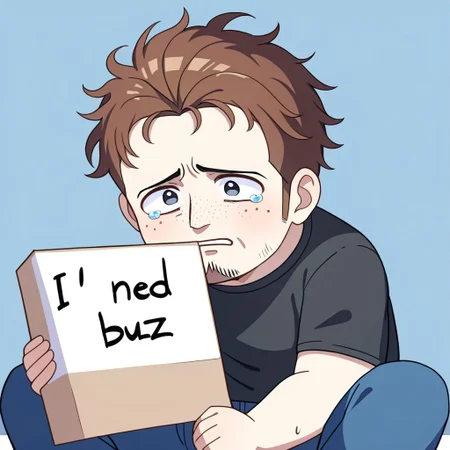 1boy, solo, white skin, freckles, brown hair, messy hair, facial hair, stubble, black t-shirt, blue pants, big eyes, cute, tears, black eyes, dilated pupils, English text, Holding a sign that reads the text: "I need Buzz", handwritten text,
