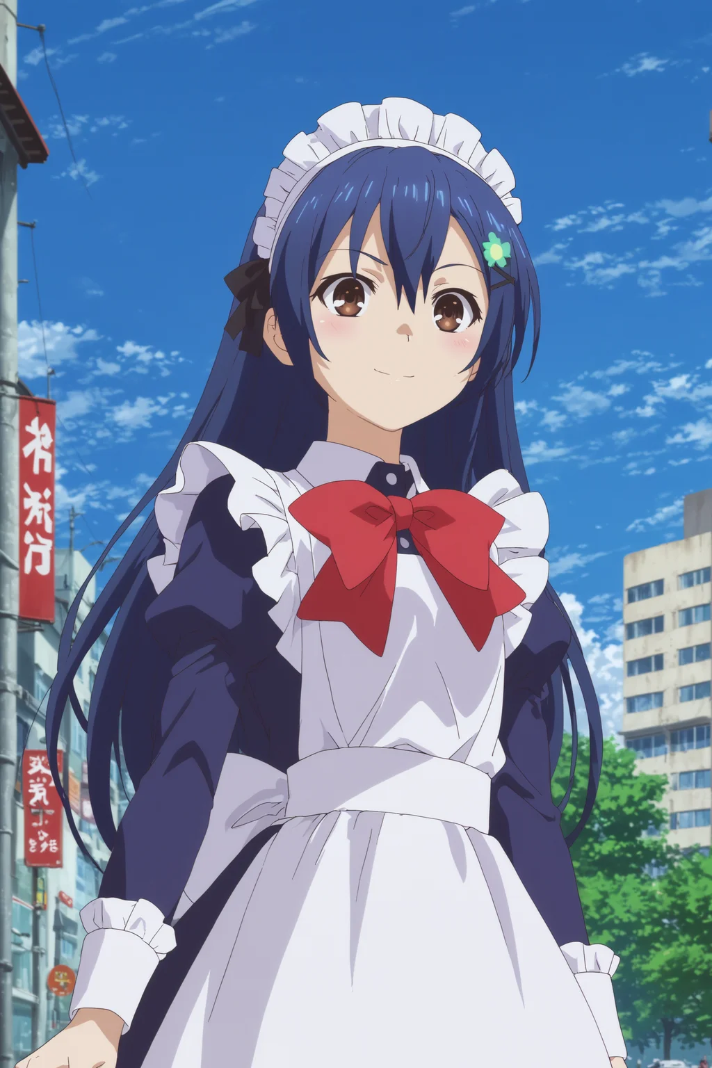 shiori itsuka,1girl,solo,long hair, blue hair,brown eyes,maid,maid_headdress, apron,crossdressing, bow, BREAK smile,standing, BREAK outdoors,blue_sky,city,building