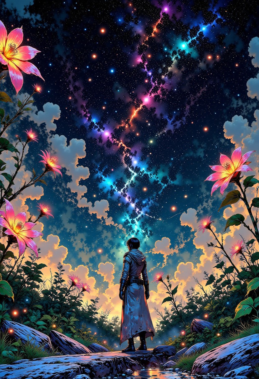 The Astral Bloom – A Garden That Breathes Stars
"A lush celestial garden stretches across floating islands of white stone, connected by bridges of pure, glowing energy. Flowers as large as trees open and close with the rhythm of the universe, releasing soft clouds of luminous pollen that drift into the air like tiny galaxies. Between the flora, spires of translucent crystal rise, reflecting the endless twilight of the heavens. The garden hums, alive with unseen cosmic forces that weave through every petal and vine."