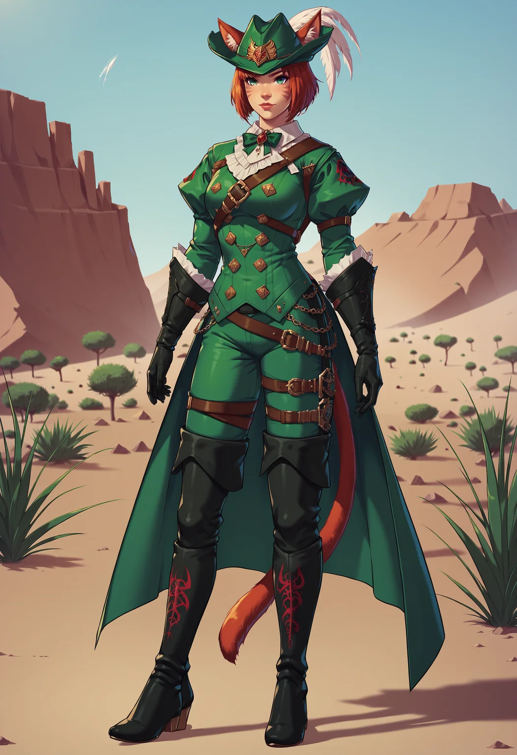 zPDXL,score_9, score_8_up, score_7_up, source_anime, 1girl, solo, full body, standing, desert,
miqo'te, red hair, green eyes, tail, short hair, bob cut,
rdmAf, duelist head, duelist body, duelist gloves, duelist pants, duelist cape, duelist boots, hat feather <lora:Duelists_Attire_FFXIV-Red_Mage_AF1:.75> (green clothing:1.5)