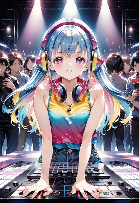 score_9, score_8_up, score_7_up, source_anime, solo, 1girl, MdoHP, Amai Liu, sensual, penetrating look, dominant, upper body, female dj, colorful clothes, quirky, vibrant appearance, playful accessories, creative, imaginative, sensual, spontaneous, DJ headphones, mixing console, music club, nightclub, independent theaters, people dancing on the dance floor, underground nightclub, high quality, skin texture, intricate details, (cinematic lighting), photo RAW, 8k
