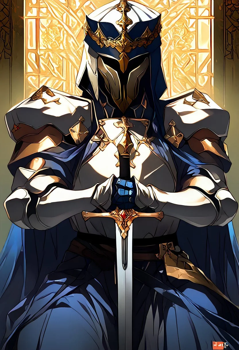 score_9, score_8_up, score_7_up, source_anime, BREAK, easynegative, FastNegativeV2, EasyNegativeV2, almualim, 1male, solo, young, anime, mature, young, adult, BODY, SLIM WAIST, SOLO, legs, body mature, and adult, legs
1boy,
Blue cape, seating on the throne, Mask fix, helmet fix, no mutant, perfect,
arm0rs3nt1n3l, great helm, knight
Faceless, face covered, back stands and seat on the throne, both-hand-hilt, planted sword, hands on hilt, holding sword, Black sword, long sword,
Black Knight, helmet, gauntlets, black plate armor, sword, black two wings of eagle on ears, golden crown on helmet, shoulder armor, Black battle uniform, cross, black shouders amor, black waist plate armor, black long skirt, black flat breastplate armor, thighthight, legs, skirt battle armor, waist armor, plate armor, Blue battle uniform cloths, dragon scales armor, dragon head helmet forehead