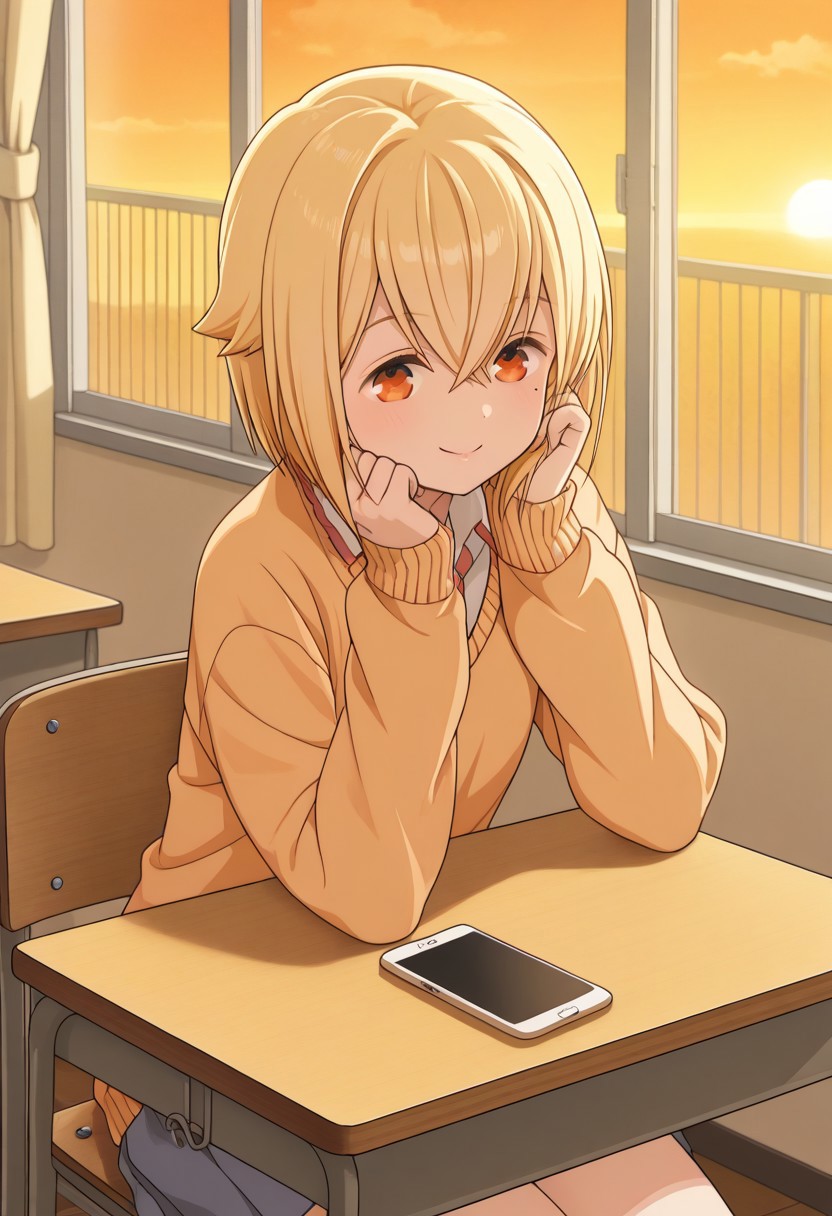 , solo , masterpiece, best quality, absurdres, very aesthetic, solo, classroom , front view, sunset, sunsets light ,seated on a chair, resting in the desk,playing with her smartphone, Bocchistyle, nakosunao, <lora:pony_nakosunao:1>,1girl,solo,smile, short hair,blonde hair,bangs,brown eyes,orange eyes,shirt,mole,mole under eye,hair between eyes,hair flaps, skirt,shirt, school uniform, pleated skirt, white shirt, short sleeves, grey skirt,  long sleeved Orange sweater