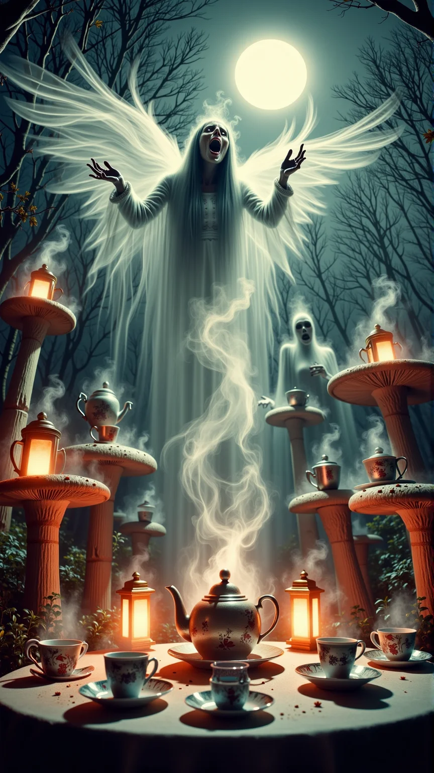 A stunning horror a professional (film grain:1.2) photography, realistic photo of a dark cursed atmospheric smoking AHaunted Surrealist tea party, whimsical, pastel colors, floating teacups, upside-down teapots, mushroom tables, glowing lanterns, twinkling stars, cloudy background, full moon, glittering night sky, enchanted forest, cheerful, magical, mysterious, fairy, mischievous, playful, pixie, wings, sparkles, wand, pointing, laughing, elegant, detailed, intricate, high quality, fairy tale, captivating, enchanting, ethereal, imaginative, conceptual, beautiful, surreal, whimsical, wondrous, fascinating, inspiring, imaginative, intriguing, intricate, mesmerizing, mysterious, mystical, otherworldly, peculiar, quirky, rare, remarkable, stunning, unusual, visionary, wonderous, captivating, charming, delightful, engaging, entertaining, fascinating, gripping, intriguing, interesting, magical, mysterious, novel, outstanding, peculiar, remarkable, surprising, thrilling, unique, wonderful, gas spirit rising up, high resolution photography, ultra resolution, 4k, 8k, 16k, HDR, DOF, studio photography, professionalism<lora:AHauntedFlux:0.75>photography,eye-level shot,close-up framing,natural lighting,(realistic,photo-realistic:1.37),disintegrating moon,(overhead shot:1.3),shot on Canon EOS R with Canon RF 28-70mm f-2L
