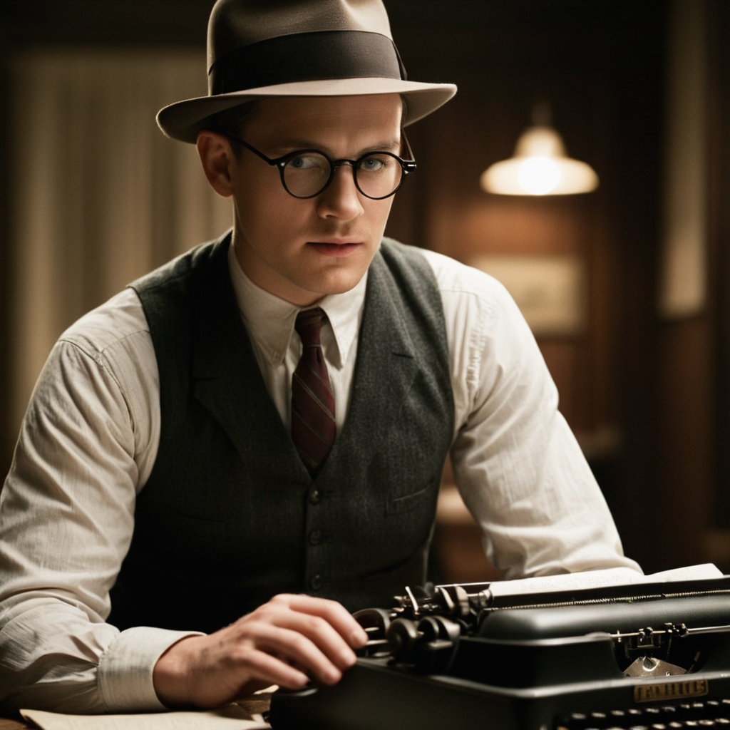 cinematic film still of  <lora:1930's style:1>
In the 1930's a man in a hat and vest is typing on a typewriter,solo,shirt,1boy,hat,male focus,necktie,glasses,collared shirt,vest,mouth hold,realistic,real life insert,realistic,realism,perfection,perfect,filmic,retro,vintage,classic,different haircut,different look,different style,1930's style , 1930 style, shallow depth of field, vignette, highly detailed, high budget, bokeh, cinemascope, moody, epic, gorgeous, film grain, grainy