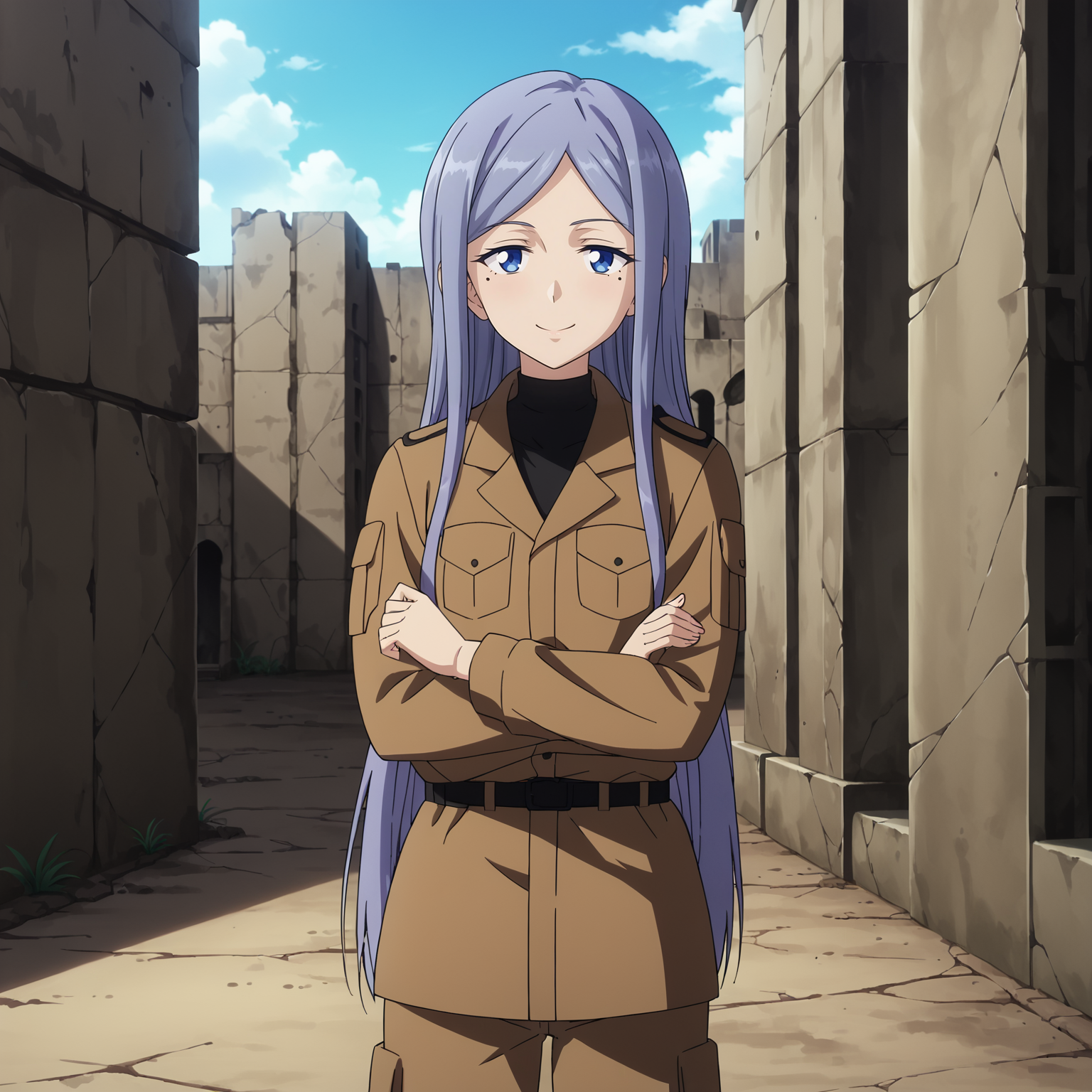 <lora:Anju Emma - 86 Eighty Six-000007:1>, 1girl, solo, AnjEmma, blue eyes, purple hair, mole under eye, long hair, brown jacket, black sweater, brown pants, black belt, standing, looking at viewer, smile, outdoors, day, cloud, ruins, industrial, crossed arms,