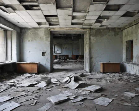 best quality, realistic, vray, hdr, in a post-apocalyptic abandoned bank, empty vault, broken atms, scattered paperwork, smashed security monitors., by Thomas Struth, Chern4byl enviroment  <lora:PostApocalyptic_Chernobyl_v3:0.8>
