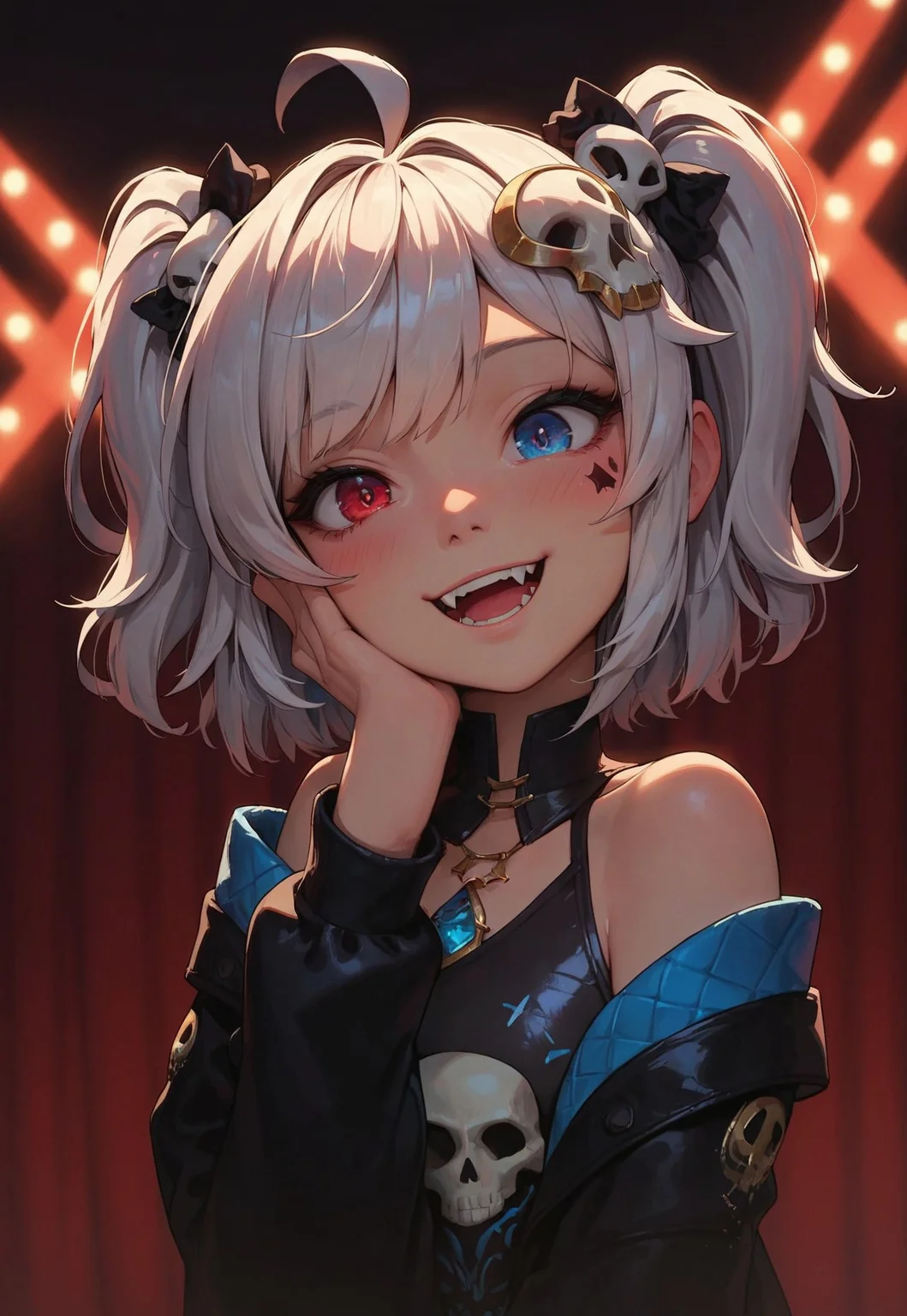score_9_up, score_8_up, score_7_up, score_6_up, 1girl, 25 years old, perfect face, cute, petite,
three quarter view, detailed face, portrait, face focus, depth of field, looking at viewer, blush, shy smile, close up,
heterochromia, multicolored eyes, red eyes, blue eyes, diamond-shaped pupils,
star facial mark, fangs,
white hair, ahoge, medium hair, two side up, skull hair ornament,
print shirt, open jacket, off shoulder,
black skirt, pleated skirt,
excited, head tilt,
stage, stage lights, concert,