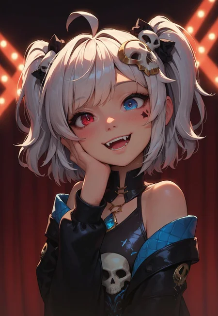 score_9_up, score_8_up, score_7_up, score_6_up, 1girl, 25 years old, perfect face, cute, petite,
three quarter view, detailed face, portrait, face focus, depth of field, looking at viewer, blush, shy smile, close up,
heterochromia, multicolored eyes, red eyes, blue eyes, diamond-shaped pupils,
star facial mark, fangs,
white hair, ahoge, medium hair, two side up, skull hair ornament,
print shirt, open jacket, off shoulder,
black skirt, pleated skirt,
excited, head tilt,
stage, stage lights, concert,