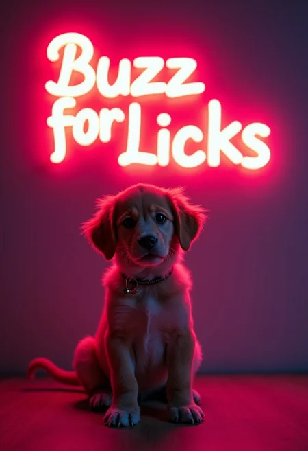 a Puppy sitting under a neon signboard written "Buzz for Licks"