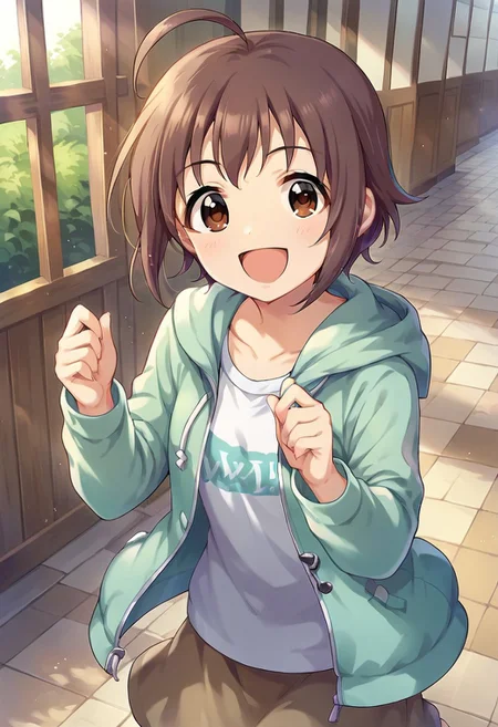score_9, score_8_up, score_7_up, source_anime,wakiyama tamami, short hair, ahoge, brown hair, brown eyes, 1girl, solo, skirt, smile, hood, hoodie,open mouth, :d, jacket