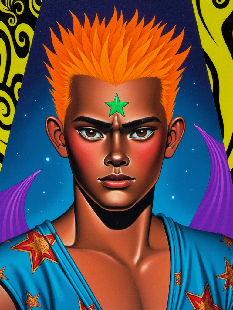 <lora:HasegawaMAN:1> A captivating portrait of a young male character with striking features and vibrant colors. His skin is a rich chocolate brown, accentuating the intense expression in his dark, almond-shaped eyes, which convey strength and determination. His hair is a wild mane of bright orange spikes, creating a vivid contrast against the deep blue background. He wears an intricate blue garment adorned with star patterns and decorative motifs in red, emphasizing a mystical and cultural essence. A green star is positioned centrally on his forehead, enhancing his otherworldly presence. The background features an abstract blend of colors and patterns, including yellow and swirling purple elements, suggesting a dreamscape or cosmic setting. The lighting is dynamic, with bright highlights on his face to create depth, while soft shadows add dimension. This mix of realism and stylization is reminiscent of contemporary fantasy art, invoking a mood of intrigue and empowerment, ideal for a visually engaging artwork. Overall, the composition is balanced yet energetic, with a focus on the character's facial attributes, pose, and the emotional impact of the image.