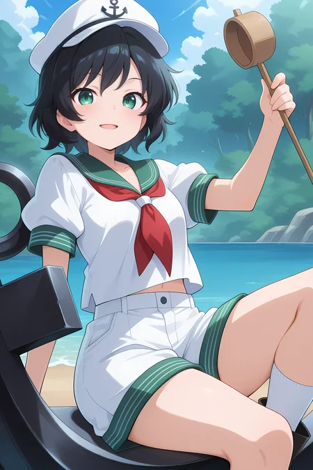 absurdres, highres, masterpiece, best quality, amazing quality, official anime artwork, screencap, anime screencap, outdoors, looking at viewer, light smile, open mouth, dynamic pose,
<lora:Minamitsu-Murasa_Illustrious:1> murasa minamitsu, 1girl, solo, green eyes, black hair, short hair,, white hat, sailor hat, white shirt, short sleeves, green sailor colar, red neckerchief, white shorts, white socks, black boots, holding hishaku, oversized anchor, sitting on anchor,