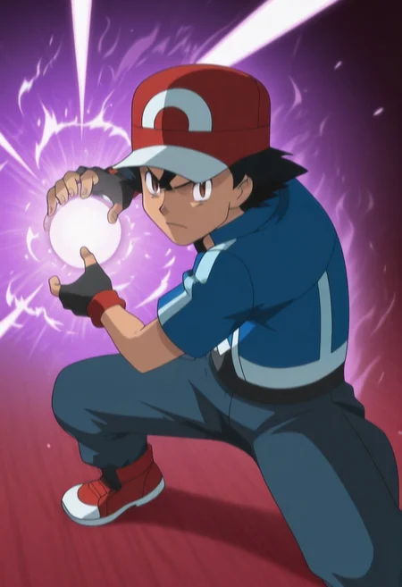 masterpiece, best quality, PokemonStyle, ashxyz, 1boy, male focus, solo, brown eyes, black hair, bangs, hat, baseball cap, red footwear, shirt, black shirt, jacket, blue jacket, short sleeves, gloves, black gloves, fingerless gloves, kamehameha, energy ball, aura, looking at the viewer, serious face, scream
