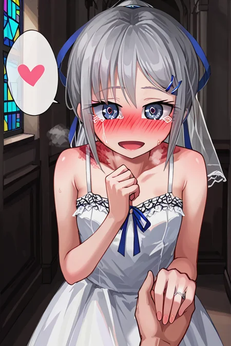 score 9,score 8 up,score 7 up,rating questionable,detailed background,aroused,cinematic lighting,dynamic lighting,uncensored,
sylvie,<lora:sylvie.pony:1>,silver hair,ponytail,blue ribbon,
steaming body,sensual,alluring,sweatdrop,heavy breathing,
(white sundress),(wedding dress),(long dress),sleeveless,dutch angle,wedding veil,
church,chapel,indoors,
<lora:wedding-ring-ponyxl-lora-nochekaiser:0.8>,wedding ring,left hand,(pov hand,hold hands),marriage proposal, hand grab,
(full-face blush),open mouth,angelic smile,tears,(spoken heart),(pov,from above),